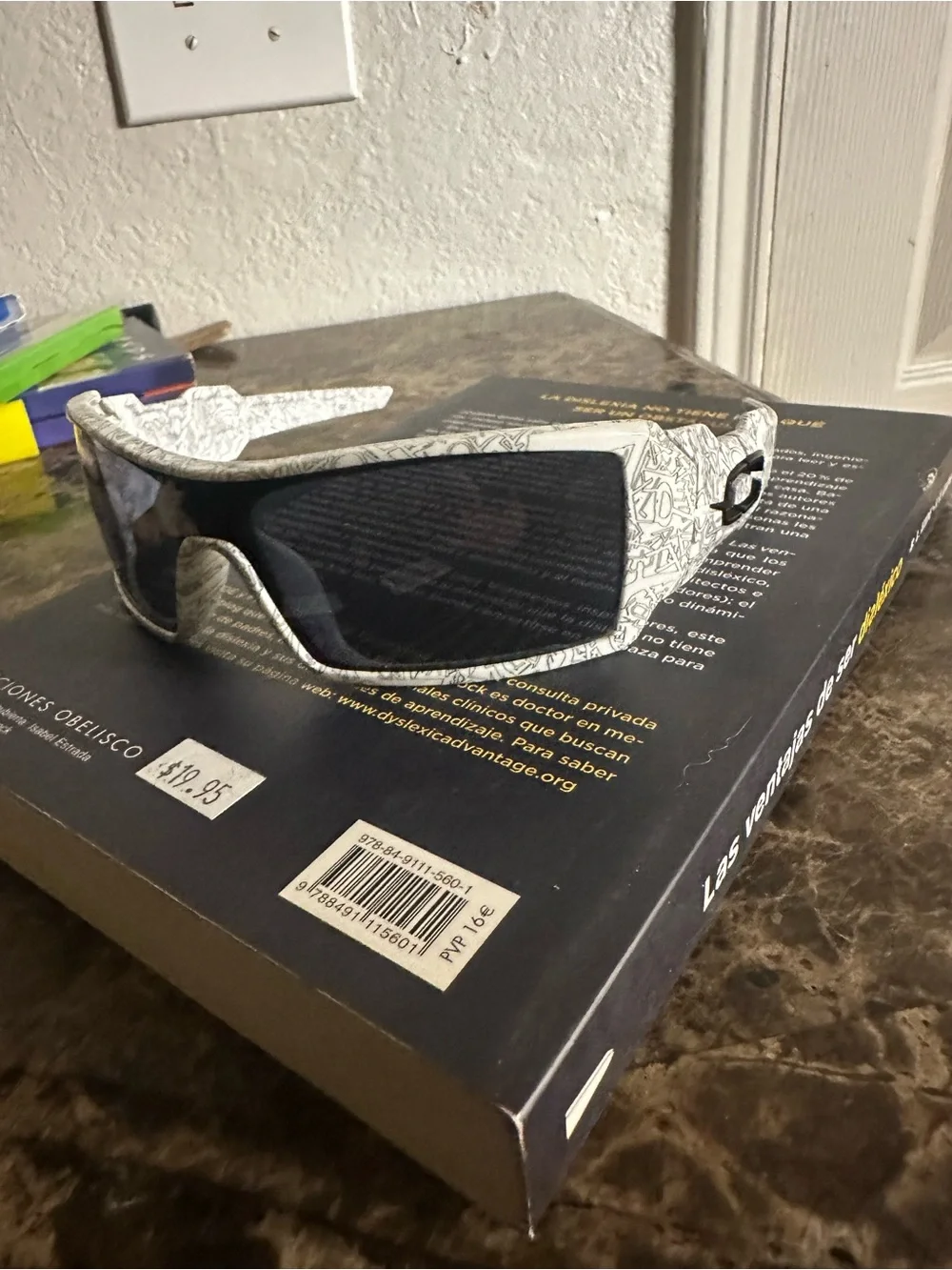 Oakley White Graphic Wrap Sunglasses with Black Lenses
